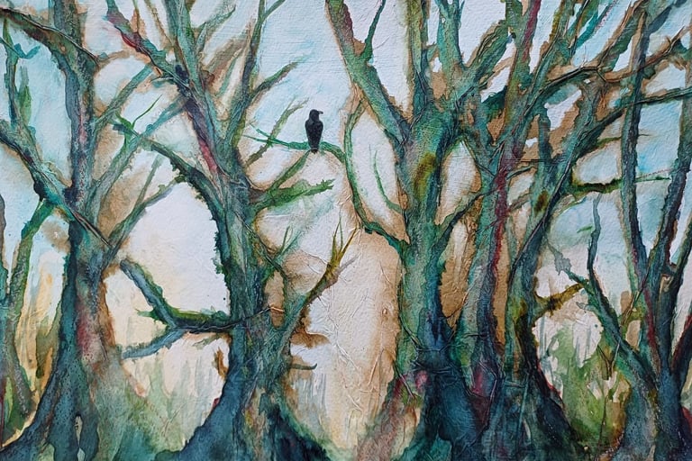 a mixed media painting of a bird sitting on a tree in a woodland