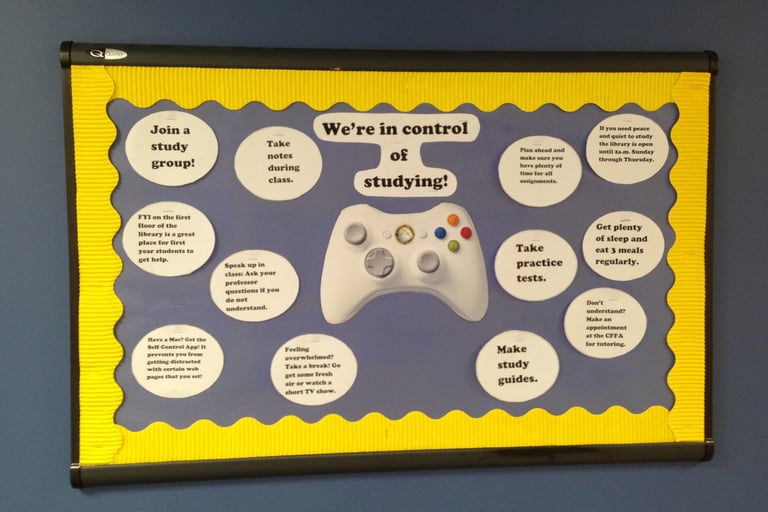 video game bulletin board with positive quote "We're in control of studying"