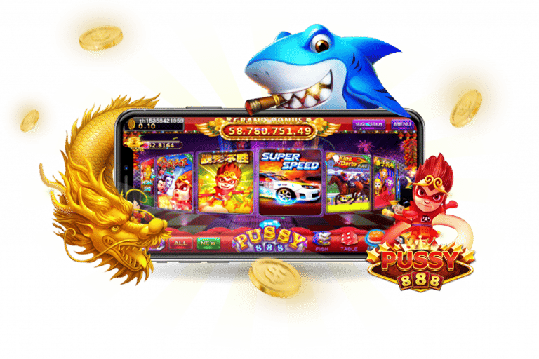 a phone with pussy888 games with a dragon on it