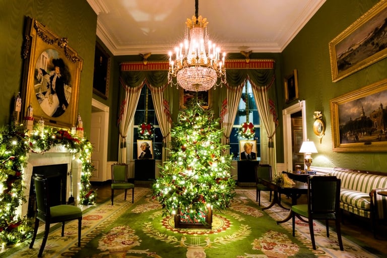 White House Christmas Decor` 2025 - Green Room President Lego Portraits