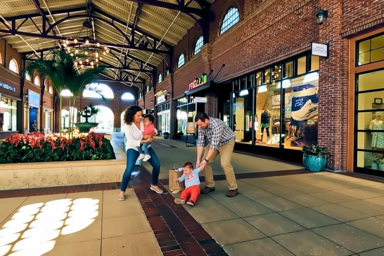 Family with young kids in a Disney Springs shopping corridor near Fit2Run and Francesca’s.
