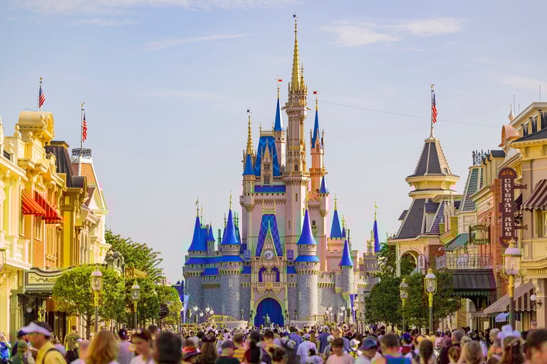 a crowd of people walking around a disney castle