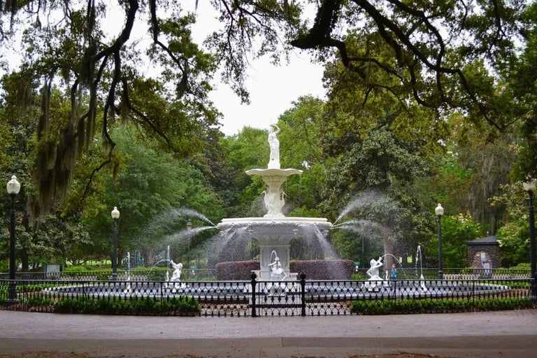a fountain with a statue of a man in the foreground