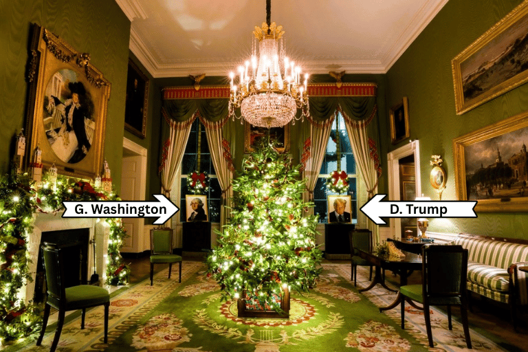 White House Christmas Decor` 2025 - Green Room President Lego Portraits