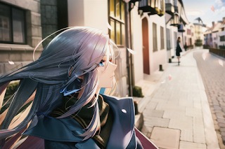 anime woman with long hair and a blue jacket