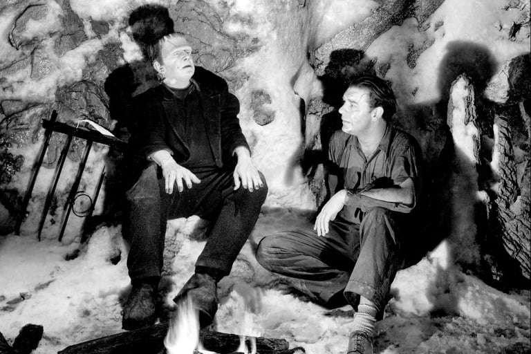 Bela Lugosi as the Frankenstein Monster with Lon Chaney as Laurence Talbot - the Wolfman