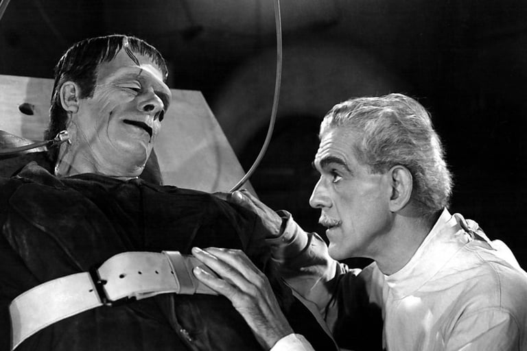 Glenn Strange as the Monster with Boris Karloff
