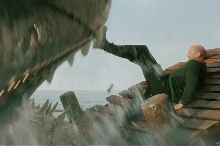 Jason Statham can stop a giant shark with one foot!