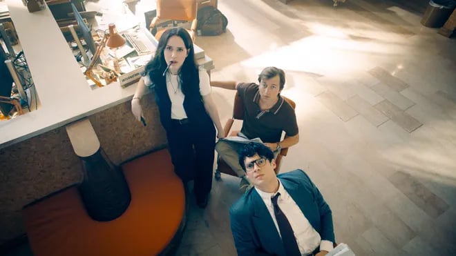 Lois Lane (Rachel Brosnahan) Jimmy Olsen (Skyler Gisondo) and Clark Kent (David Corenswet)