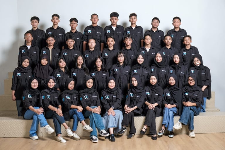 Group of Indonesian students in matching black uniform shirts posing for a professional school class portrait.