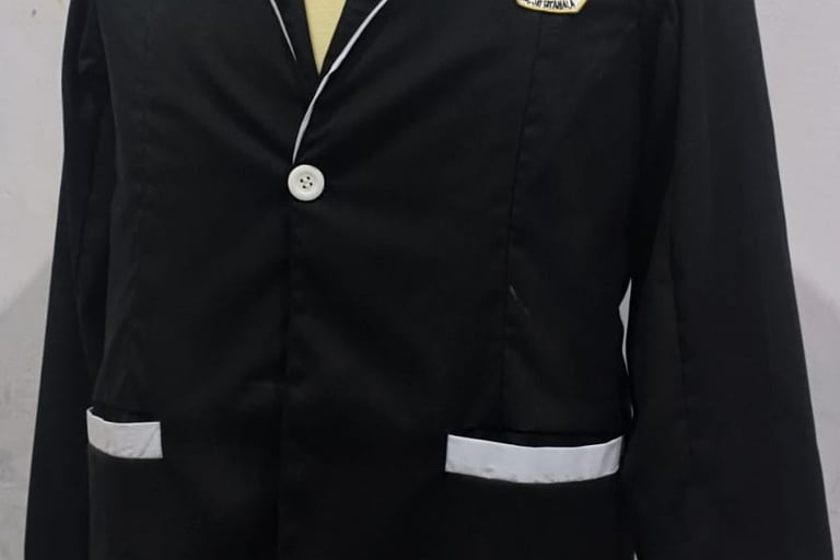 Black formal school uniform blazer with white trim and embroidered patch on a mannequin.