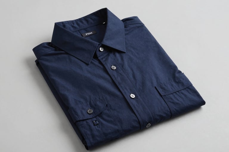 Folded navy blue long-sleeve button-down men's shirt with chest pockets on a grey background.