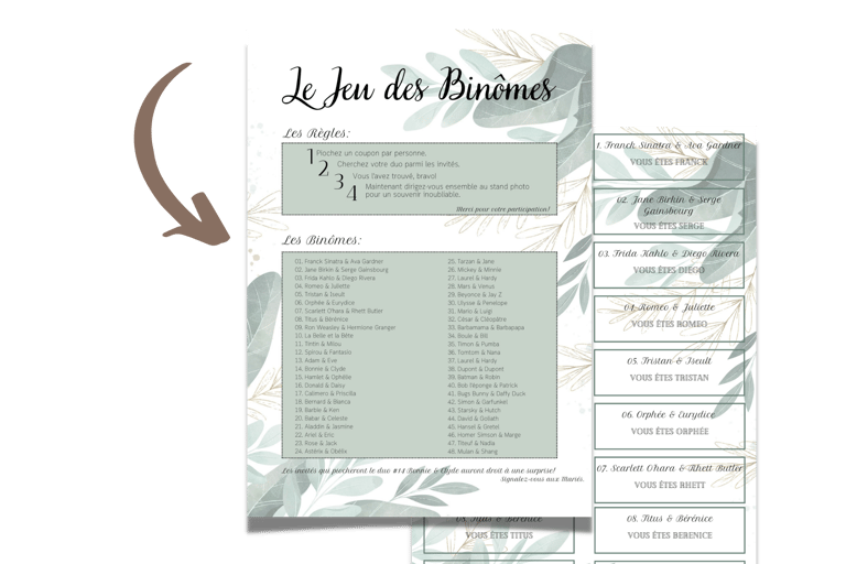 Elegant French wedding game stationery featuring Le Jeu des Binômes with botanical sage green leaves.