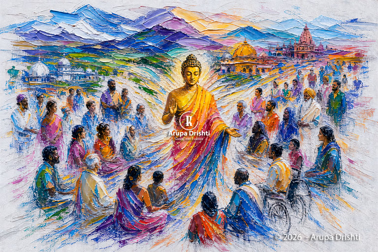 Buddha radiates compassion as diverse people gather, textured strokes symbolizing unity, peace, and mindful connection.