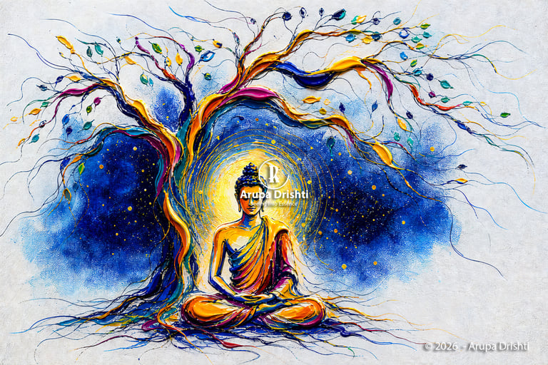 Siddhartha attains Enlightenment under the Bodhi Tree as illusion fades and a soft golden radiance reveals the Awakened One.