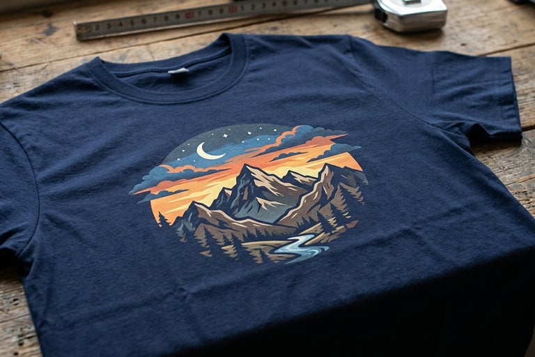 T-shirt blu con disegno di una paesaggio di montagna in stile cartoon