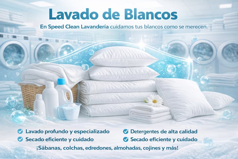 Servicio de lavado de blancos con sábanas y almohadas limpias en una lavandería profesional.