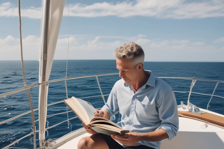 a man reading a book on a yatch with the ocean as back ground and a blue sky