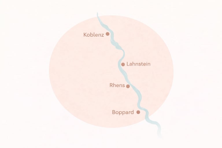 Map showing Rhine River locations including Koblenz, Lahnstein, Rhens, and Boppard in Germany.