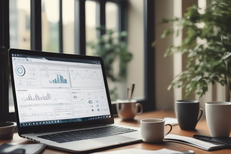 Laptop displaying business data analytics and charts on a desk with coffee mugs in a modern office.