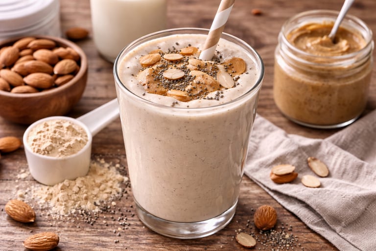 Batido de proteína con mantequilla de almendras, desayuno saludable y energético