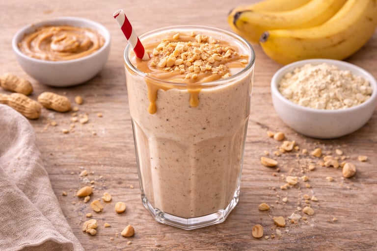 Batido de proteína con mantequilla de cacahuete y plátano preparado con leche, desayuno saludable al