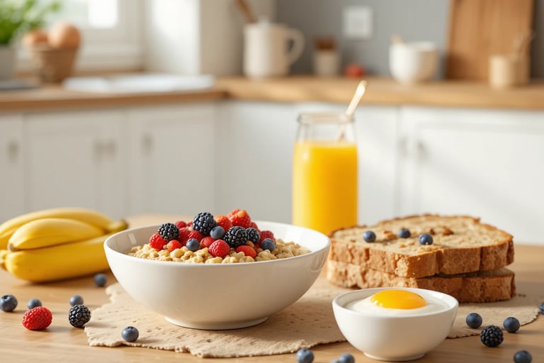 Desayuno saludable con mayor aporte de carbohidratos, compuesto por avena, pan integral, fruta fresc