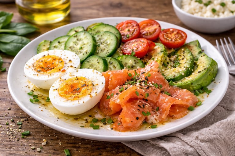 Huevos cocidos con salmón y verduras, desayuno bajo en carbohidratos rico en proteínas y omega-3