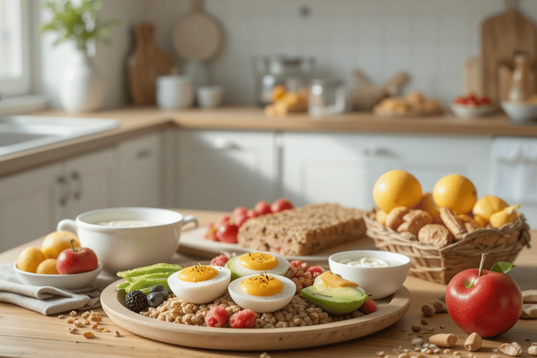 Desayuno proteico completo con huevos, yogur alto en proteína, aguacate, pan integral y fruta fresca