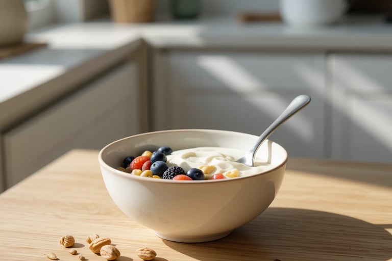 Desayuno proteico rápido con yogur alto en proteína, frutos secos y fruta fresca,