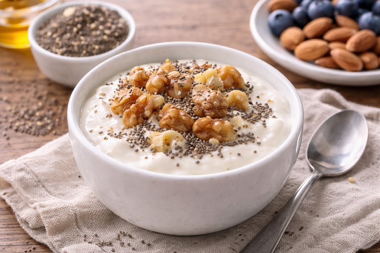 Yogur griego natural con nueces y semillas de chía, desayuno bajo en carbohidratos rico en proteína