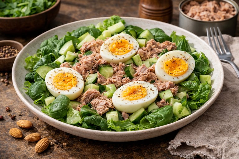Ensalada de atún con huevos cocidos, pepino fresco y base de hojas verdes, un plato saludable y prot