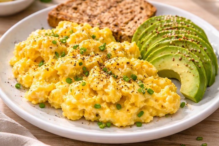 Huevos revueltos con aguacate y tostada integral, desayuno saludable alto en proteína servido en un 