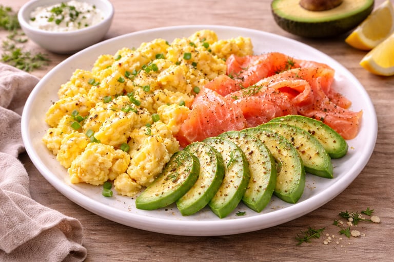 Huevos revueltos con salmón ahumado y aguacate, desayuno saludable alto en proteína servido en un pl