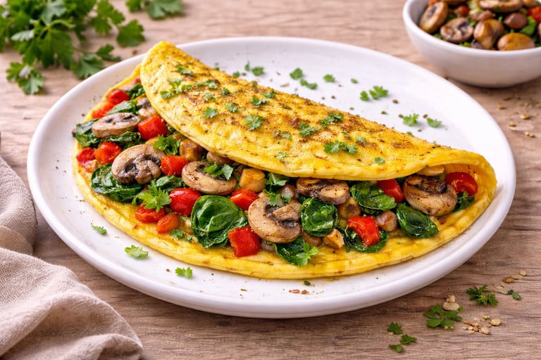 Omelette de huevos con verduras como pimiento, espinacas y champiñones, desayuno saludable alto en p