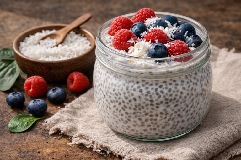 Pudin de chía con leche de coco, arándanos y frambuesas frescas, acompañado de coco rallado, ideal c
