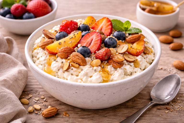 Bol de queso cottage con almendras y fruta fresca, desayuno saludable alto en proteína.