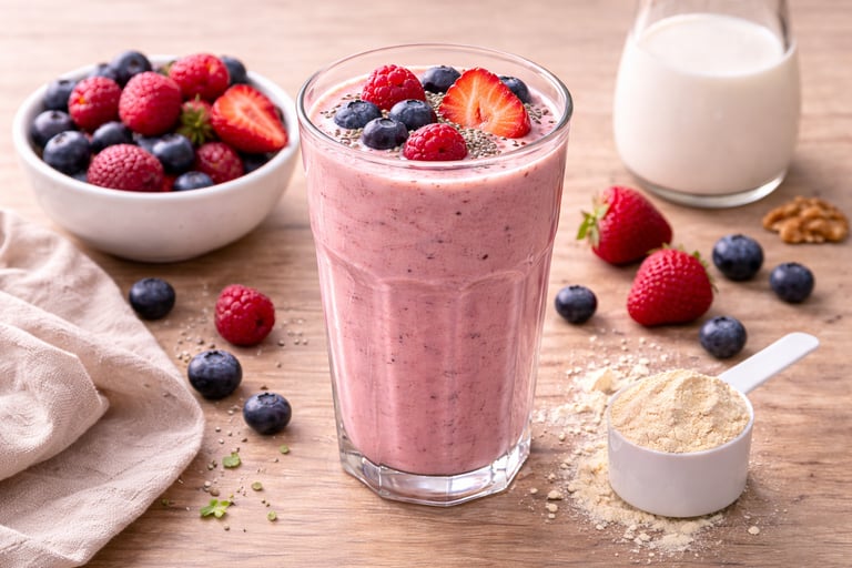 Smoothie de proteína con frutos rojos preparado con yogur natural y leche, desayuno saludable alto e