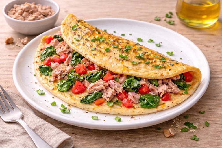 Tortilla de huevos con atún y verduras, desayuno saludable alto en proteína servido en un plato blan
