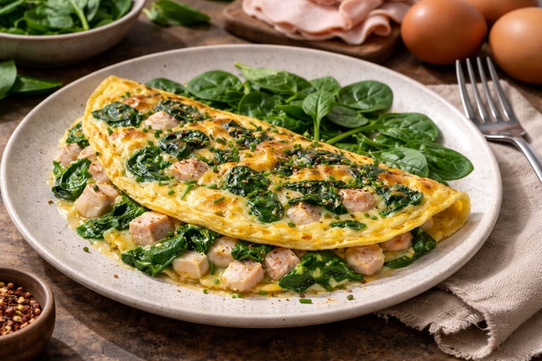 Tortilla de espinacas frescas con pechuga de pavo y huevos, un desayuno proteico bajo en carbohidrat