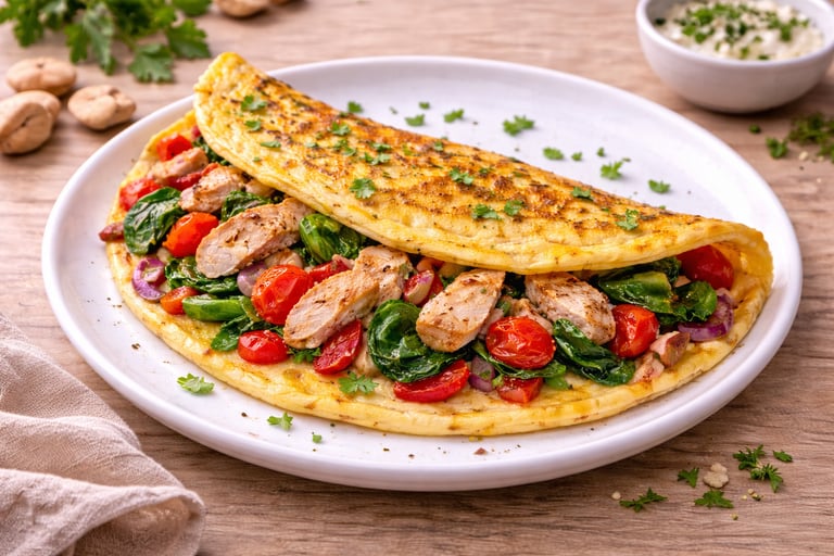 Tortilla de huevos con pollo a la plancha y verduras, desayuno saludable alto en proteína servido en