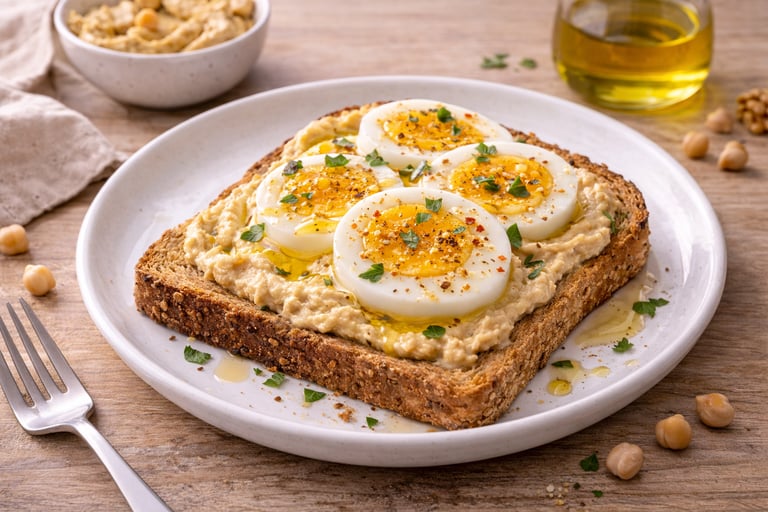 Tostada integral con hummus y huevo cocido aliñada con aceite de oliva, desayuno saludable alto en p