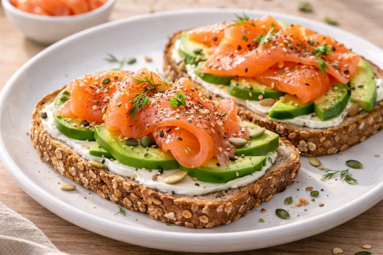 Tostada integral con salmón ahumado, aguacate y semillas, desayuno saludable alto en proteína servid