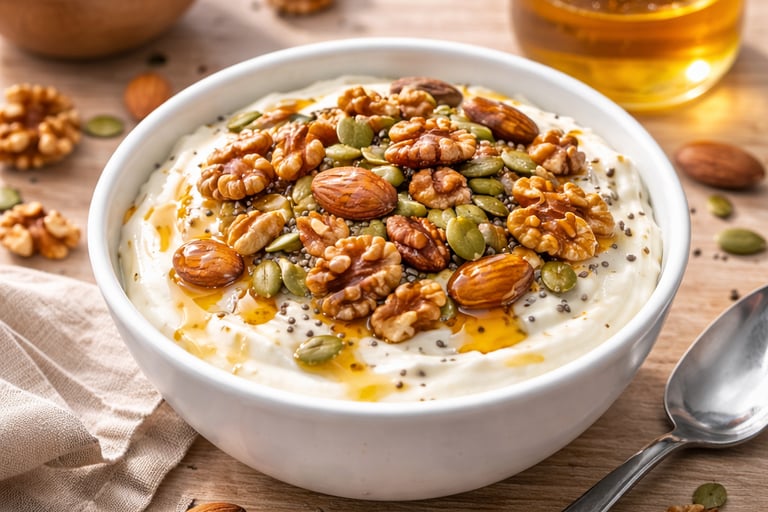 Yogur griego con frutos secos y semillas, desayuno saludable alto en proteína servido en un bol blan