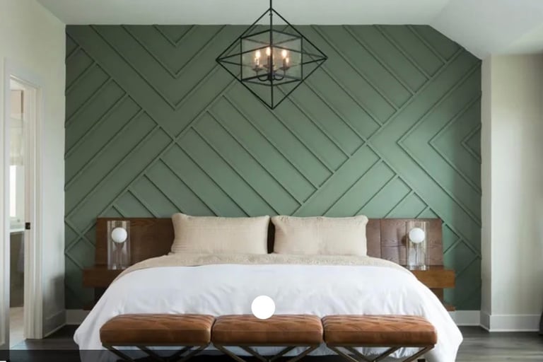 Green geometric accent wall with custom wood panels in a Monmouth County bedroom
