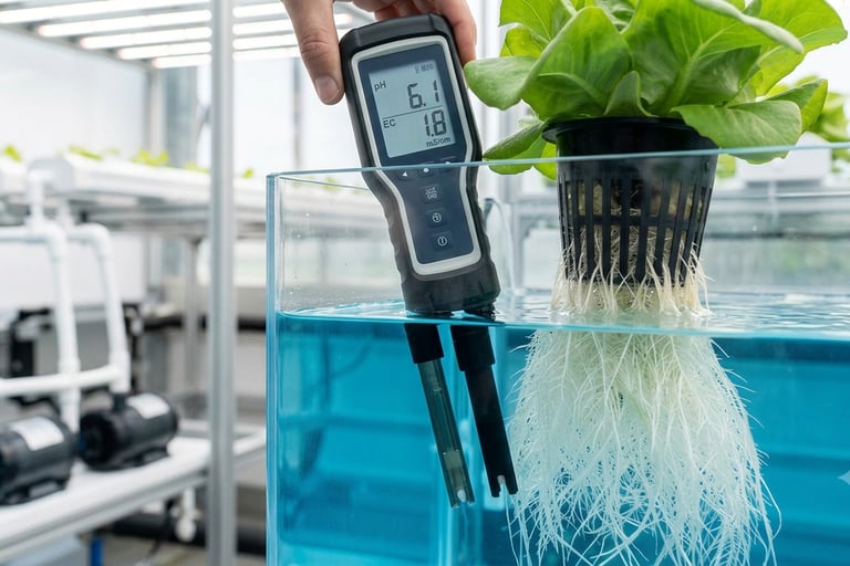 Mano utilizando un medidor digital de pH y CE para evaluar los niveles de la solución nutritiva 