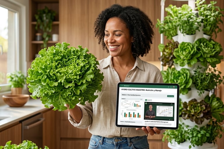 Smiling woman holding fresh hydroponic lettuce while using a digital tablet for indoor gardening course.