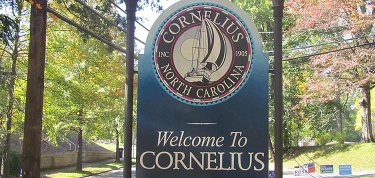 Welcome sign for Cornelius, North Carolina