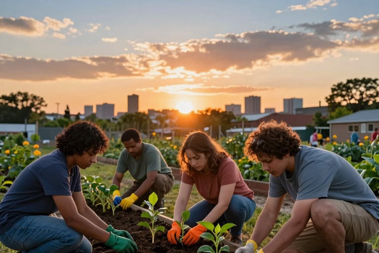 A heart-warming photography shot of a North American urban community garden at sunset. Diverse people are working together, planting new life into the soil. The warm orange and blue sky creates an atmosphere of hope and professional dignity.