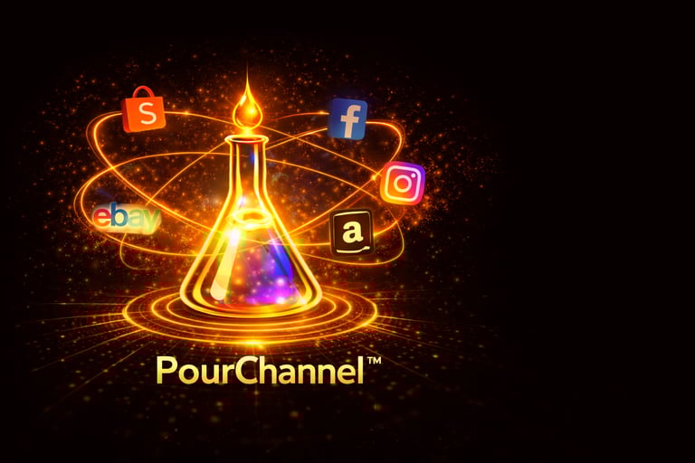 Pour Channel visual showing multiple ecommerce platforms connected to brand distribution
